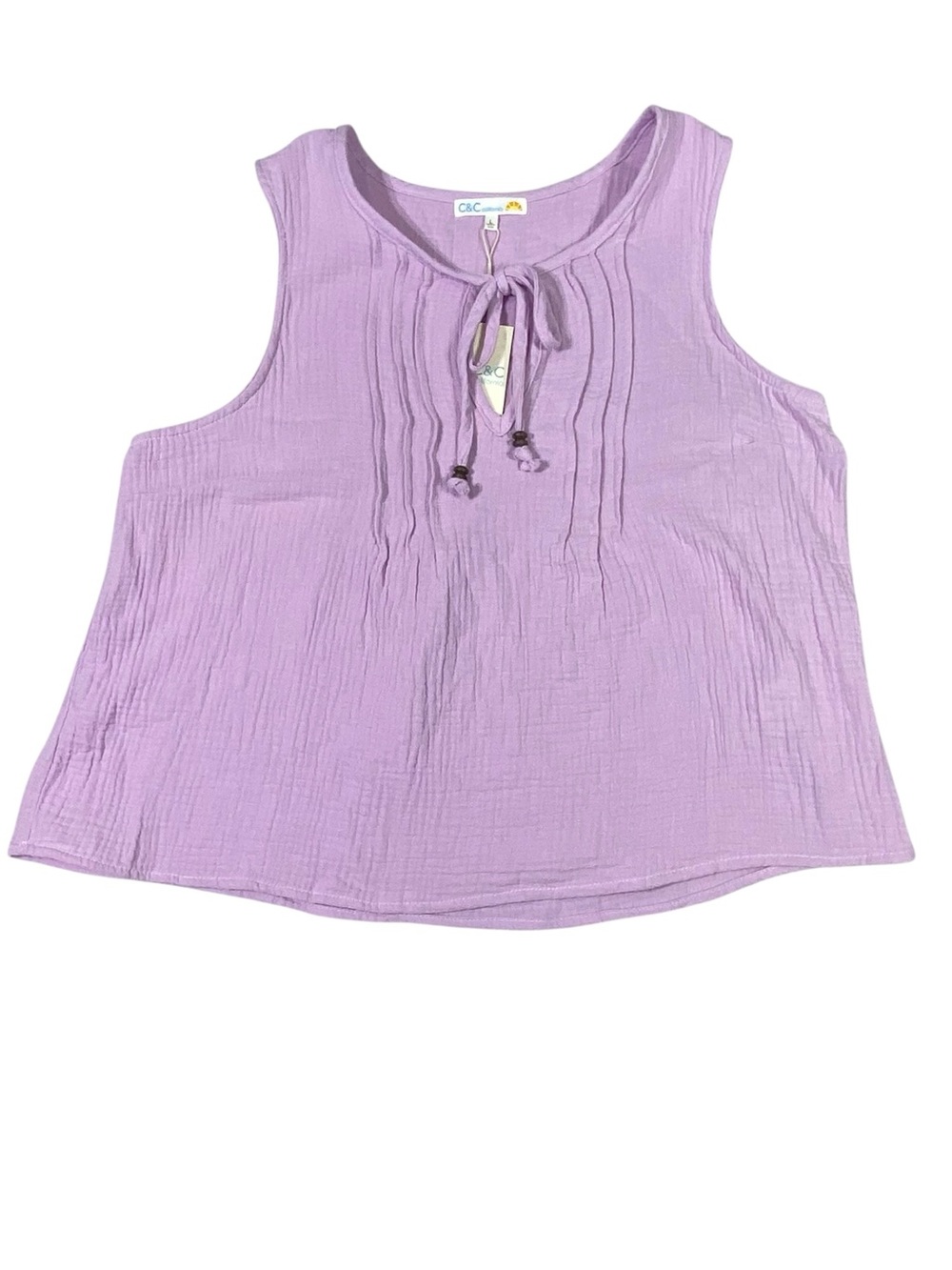 C&C California Addie Pintuck Sleeveless Tank Top Women's L Lavender Gauze NWT